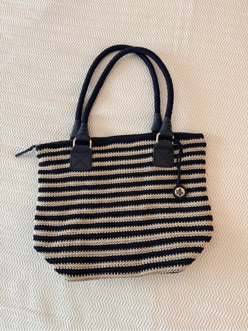 The Sak Crochet Striped Navy and Cream Tote Bag